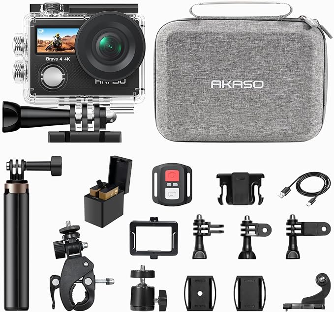 AKASO Brave 4 4K30 Action Camera with Selfie Stick Tripod 20MP Ultra Hd EIS 131ft Waterproof Underwater Camera 5xZoom Dual Screen for vlogging Video with Carrying Case Accessories Kit Bundle