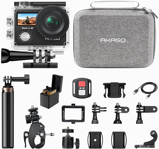 AKASO Brave 4 4K30 Action Camera with Selfie Stick Tripod 20MP Ultra Hd EIS 131ft Waterproof Underwater Camera 5xZoom Dual Screen for vlogging Video with Carrying Case Accessories Kit Bundle