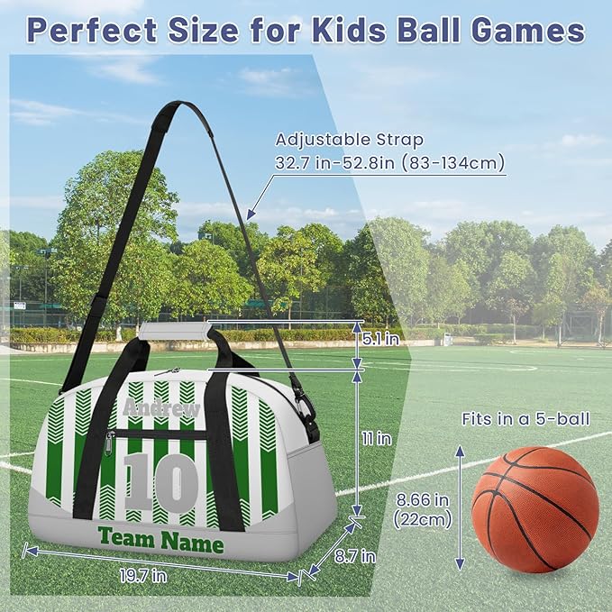 Basketball Soccer Gifts for Boys Girls - Custom Sports Duffle Bag, Personalized Name & Team Bag, Water-Resistant Gym Bag for Basketball, Soccer, Volleyball | Y-Green Grey