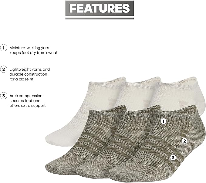 adidas Men's Superlite No Show Socks (6 Pairs) Lightweight & Breathable