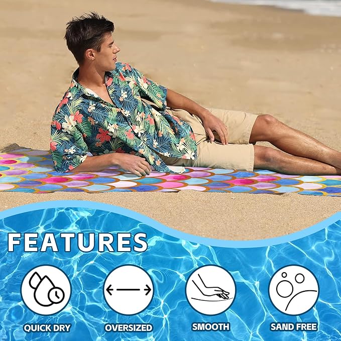 Beach Towel,Watercolor Mermaid Golden Fish Scales Lightweight Compact Sand Free Quick Dry Oversized Pool Swimming Towels for Girls Women Adults,29.5"×59"