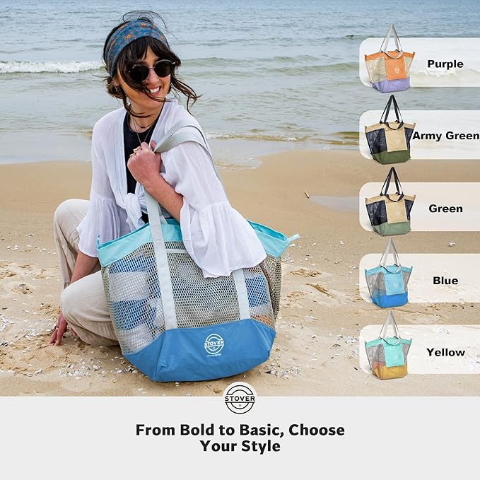 STOVER Extra Large Mesh Beach Bag, Vacation, Pool, Shopping & Travel Tote - Foldable w/Storage Pouch & Pockets for Women, Men