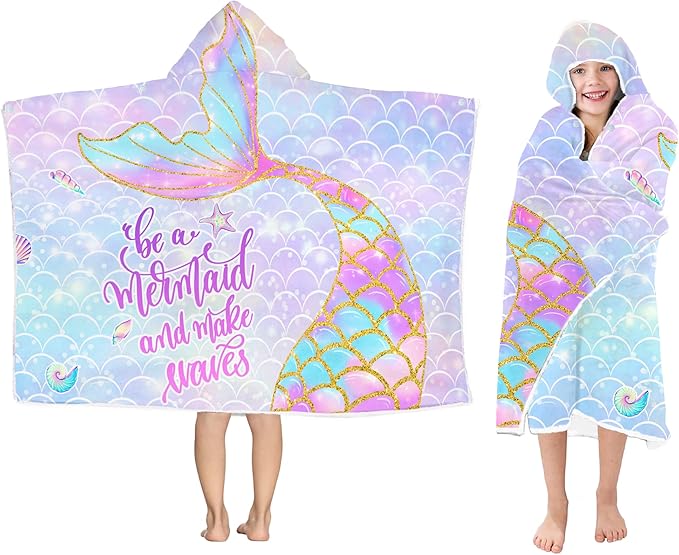 Mermaid Hooded Beach Towel for Girls - Kids Poncho Towel With Tail, Soft Absorbent Bath Towel With Hood, Pink Scales, 30"x50" - Bathrobe for Swim Pool Bath