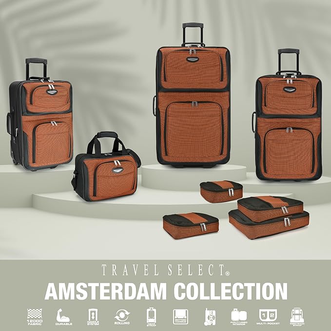 Travel Select Amsterdam Softside Expandable Luggage with Rolling Wheels, Orange, 4-Piece Set (15/21/25/29)