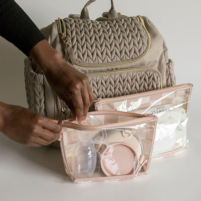 Tiny Twinkle Diaper Bag Organizing Pouches | 2 Pack Mess-Proof Travel Organizer Bags with Structured Bottom & Clear Front | TSA Approved Toiletry Bag Set for Baby and Mom Essentials (Beige Checkers)