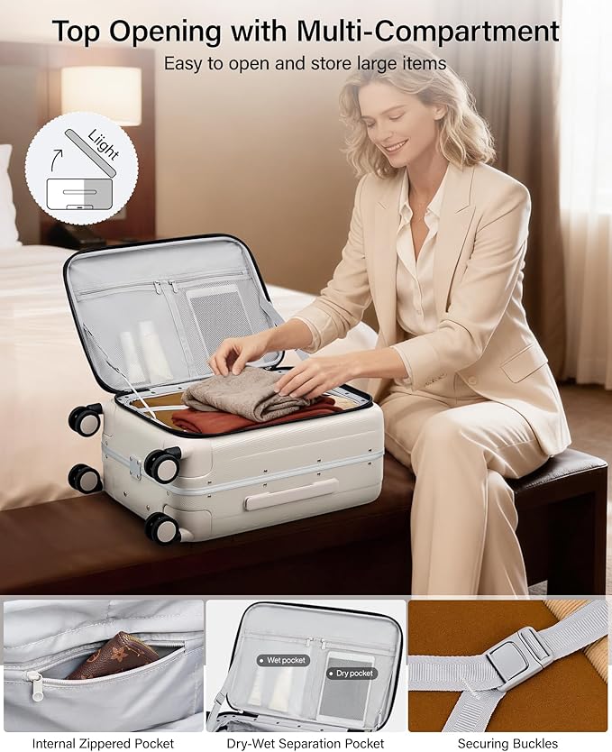 Hanke 24 Inch Checked Luggage PC Hard Case Luggage Top Opening Aluminum Frame Travel Luggage Suitcases with Wheels for Woman Men.(Ivory white)