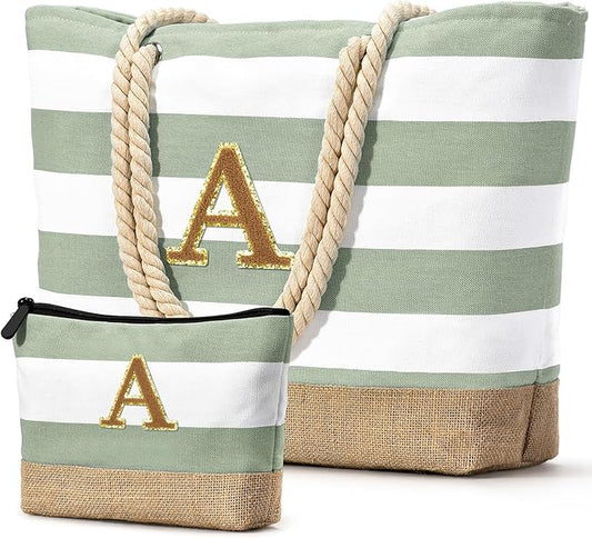 Becokan Beach Bag Initial Beach Tote with Makeup Bag for Travel Work Storage Personalized Birthday Gifts for Women Her