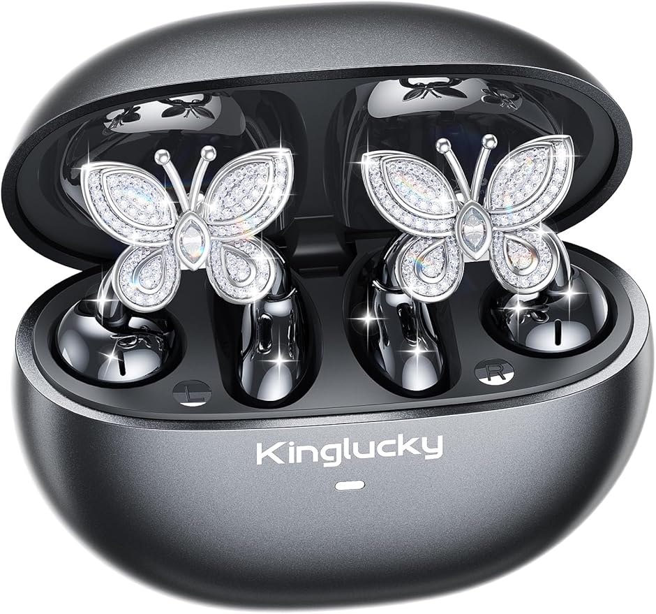Kinglucky Jewelry-Inspired Clip-On Earbuds with Butterfly Earrings, Comfortable Fit & 50H Playtime Open Ear Bluetooth 5.4 Wireless Headphones for Women, Small Ears, Sports & Workouts (Black)