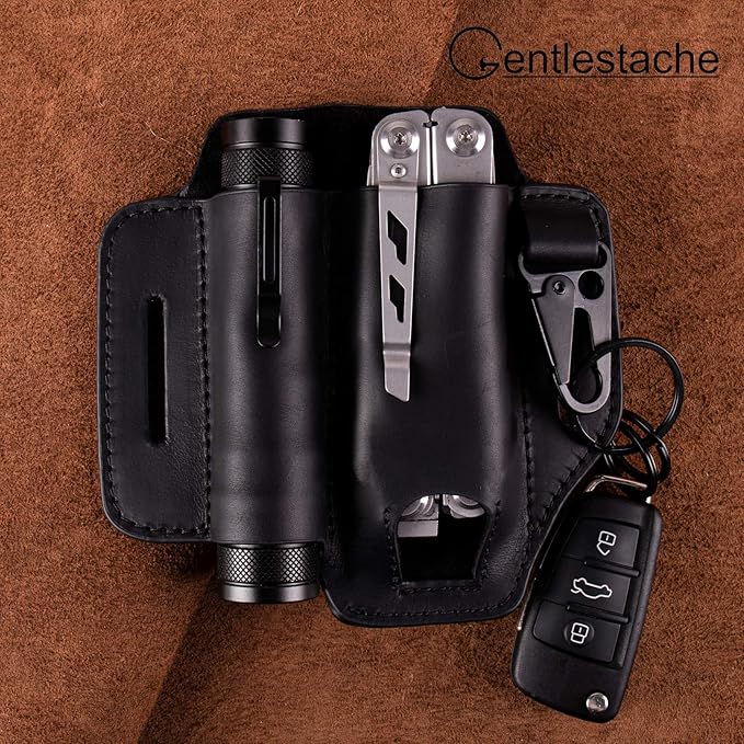 Gentlestache Leather Sheath for Leatherman Multitool - EDC Pocket Organizer with Key Holder and Flashlight Sheath - Black
