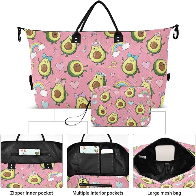 Cute Avocado Rainbow Pink Sports Gym Bag for Women Men Travel Duffel Bag Weekend Overnight Carry on Bag with Toiletry Bag Hospital Bag for Yoga Workout Swimming Hospital Plane
