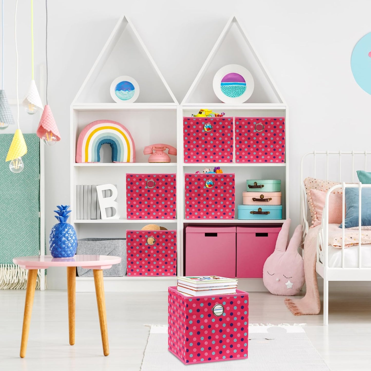 SIMPLE HOUSEWARE 10-Inch Collapsible Fabric Cube Storage Bin with Handles, Printed Design, 6 Pack, Pink