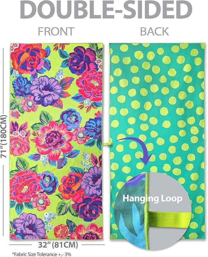 Microfiber Beach Towel, Double-Sided 71X32" Large, Thin, Lightweight, Sand Free, Quick Dry Towel, High Absorbent, Compact- Swim, Pool, Camping, Cruise, Travel Towel, Beach blanket, Carry Bag, Floral