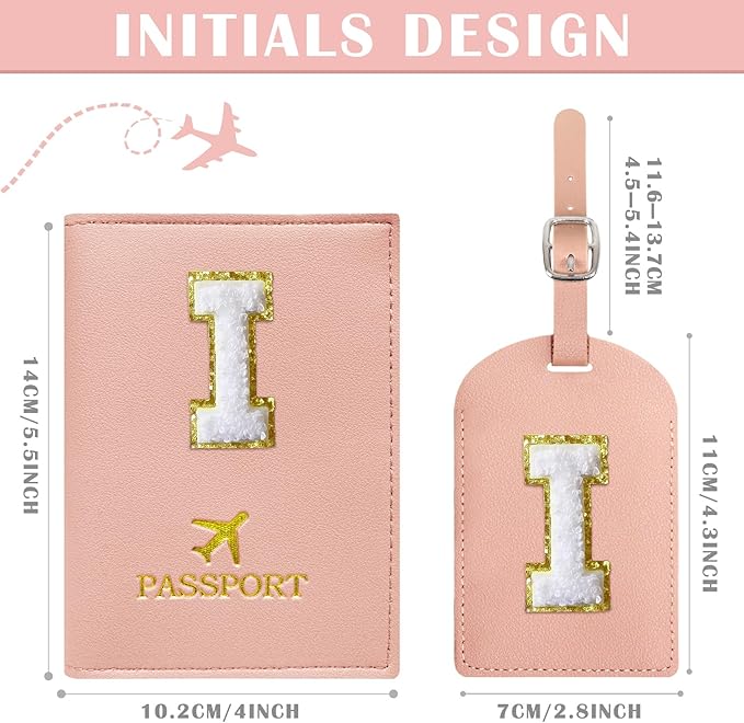 COSHAYSOO Passport Cover and Luggage Tag Set with Her Initial Chenille Letter Patch, Trendy Travel Bag Backpack Suitcase Identifier Gifts for Daughter Mother Sister in Law Pink I