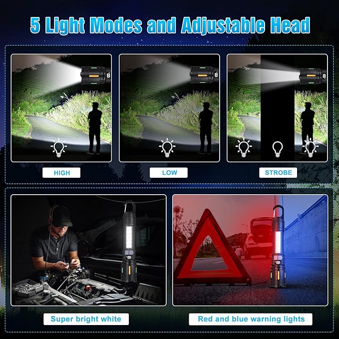 Rechargeable Led Flashlights High Lumens - 3000lm Super Bright Tactical Flashlight with Cob Sidelight and Hook, 5 Light Modes, Ipx6 Waterproof, for Camping, Repairs, and Home Emergencies