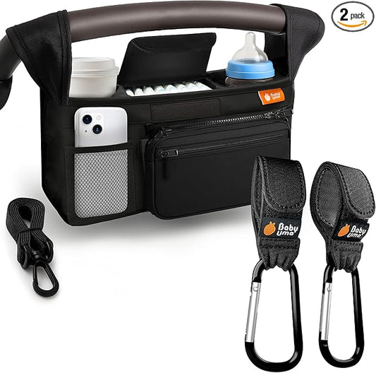 Baby Uma Stroller Caddy & Stroller Hooks - Universal Organizer Bag with XL Insulated Cup Holder, Phone Pocket, Wipes Dispenser, Wrist Bag & Mesh Pocket + 2 Carabiner Clips, Baby Travel Essential Kit