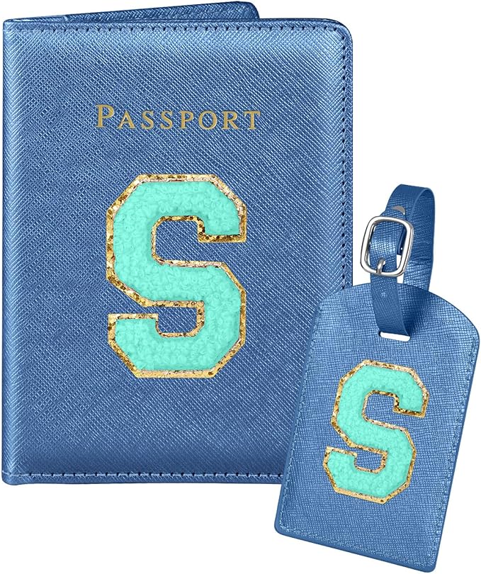 Slohif Passport Holder Initial Lugguage Tag Set Suitcase Cover Wallet Case for Travel Women - Leather Letter Passport Book Personalized Organizer Card Protector Sleeve Essentials Slim Carrier Blue S