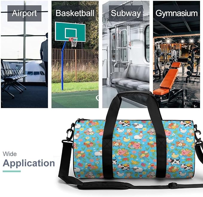 Foldable Gym Bag Farm Animals Cow Sheep Goat Chick Floral Lightweight Travel Sports Bag Carry On Weekender Overnight Bags Beach Yoga Bags