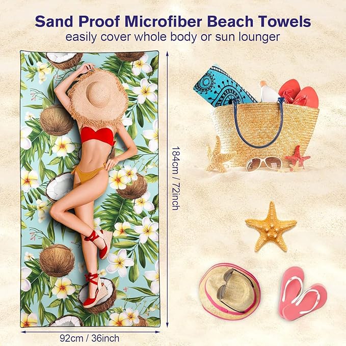 Coconut Pattern Beach Towel Extra Large 36" x 72", Thin Lightweight Microfiber Towels with Fruit Design, Sand Free and Quick Dry, Compact Bag