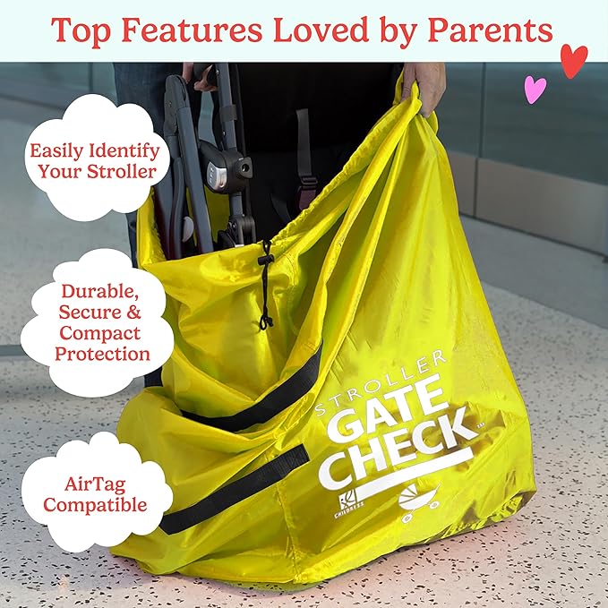 J.L. Childress Gate Check Bag for Single & Some Double Strollers - Travel Bag for Airplane, Fits Most Standard Baby Strollers, Airport Accessories Gate Check, Flying Essentials - Neon Yellow