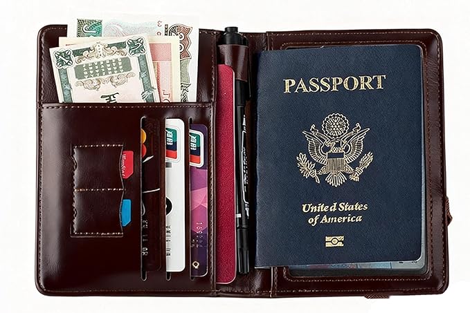 Genuine Leather Passport Holder Cover - RFID Blocking Travel Wallet & Passport Case with Pen Holder, Dual SIM Card Slots & Boarding Pass Pocket for Men & Women,Family Travel Essentials, Retro Style