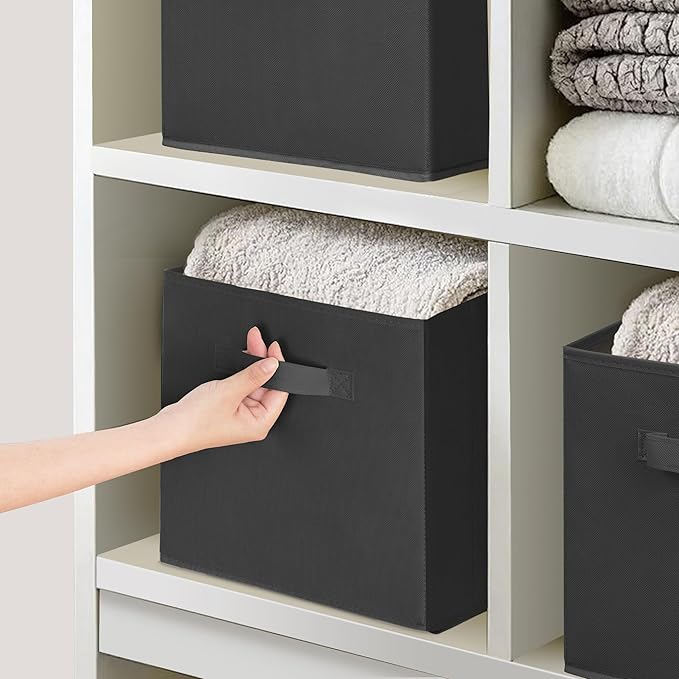 11 Inch Fabric Storage Cubes, Sturdy Foldable Storage Bins, Heavy Duty Cube Organizer for Clothes, Blankets, Shelves, Closets, Bedroom, Living Room, Black, 5 Pack