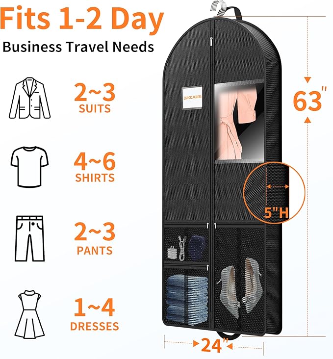Garment Bag Travel Suit Storage: 63 Inch 3 Packs Fabric Breathable Zippered - Clothes Covers Carry Shoe Pockets Lightweight - Women Travel Wardrobe Protector Hanging Up Multiple