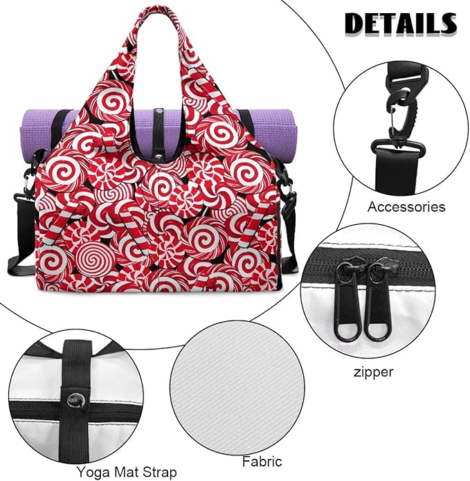 Christmas Candy Cane Gym Bag for Women with Shoe Compartment Personal Item Bags Fitness Workout Overnight Weekender Duffle Bag for Travel Carry On Christmas Outfits Gifts Decor