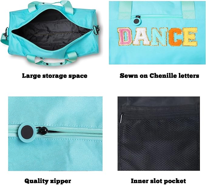 Dance Duffle Bag for Girls Large Size, Lightweight Gymnastic Sports Bag with Chenille Letters, 16.5x9x9 Inch, for Ballet, Cheer, Athletes, Ages 4-10 (Blue)