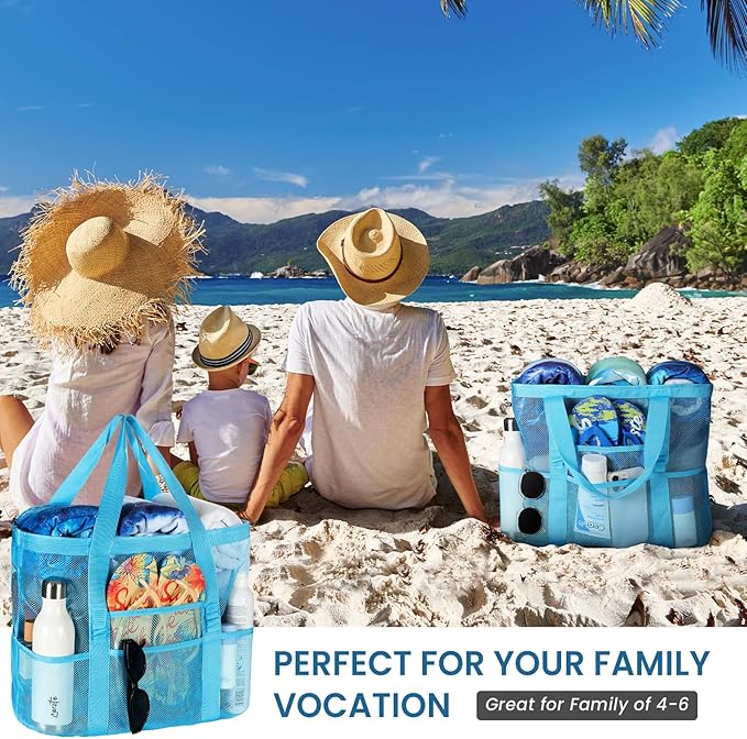 Tavaleu Mesh Beach Bag - Large Beach Tote with Multi Functional Pockets for Family Travel/Vacation