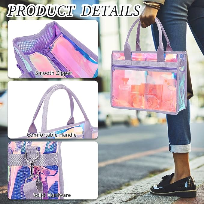 Iridescent Clear Beach Bag for Women, Large Pool Tote Cruise Vacation Essentials - Waterproof, Zipper Closure
