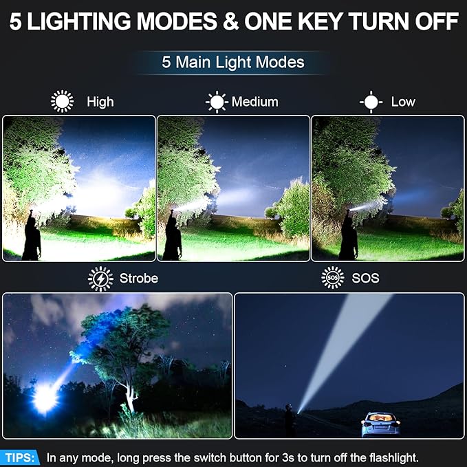 Rechargeable Tactical Flashlights 2000 High Lumens - 5000mAh Super Bright LED Powerful Flash Light, Waterproof Handheld USB C Flashlight for Home,Car,Camping,Emergencies,Zoomable (1, Turquoise)