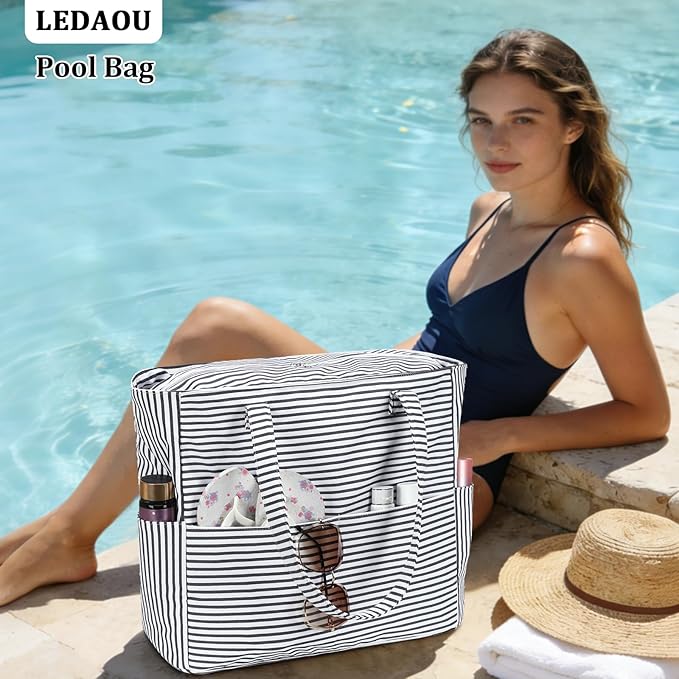 LEDAOU Large Beach Bag Women Waterproof Sandproof Zipper Beach Tote Pool Bag for Swim Gym Grocery Travel with Wet Pocket | Waterproof, Sandproof, Zipper, Pool, Gym, Grocery