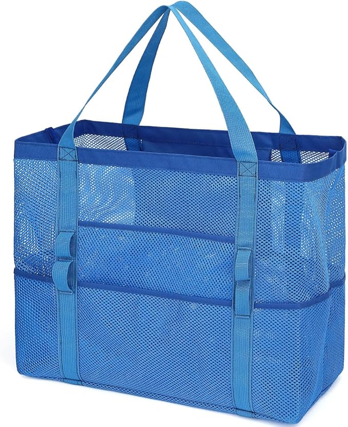 Mesh Beach Bag, Large Beach Tote with Zipper Pocket, Toys Pool Bag for Family Travel Vacation Cruise Essentials