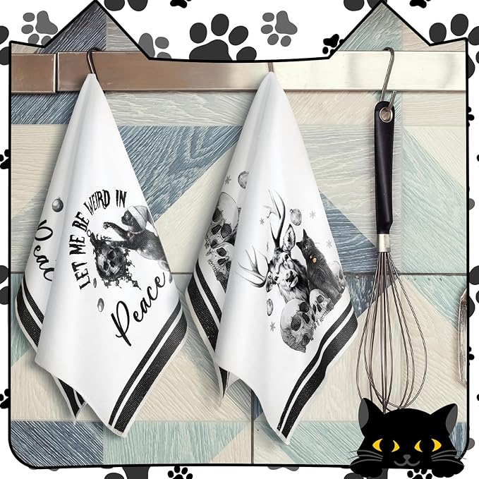 Bencailor 6 Pcs Gothic Kitchen Towels Black Cat Skull Dish Hand Towels Goth Tea Washcloth for Gothic Party Gifts Bathroom Kitchen Goth Decor, 24 x 16''