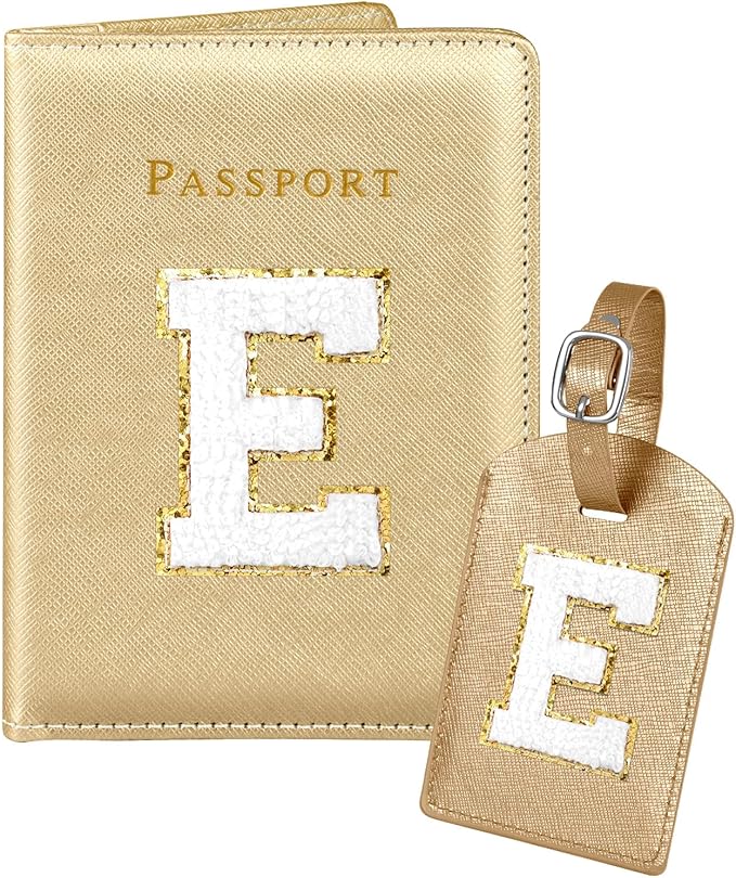 Slohif Passport Holder Initial Lugguage Tag Set Suitcase Cover Wallet Case for Travel Women - Leather Letter Passport Book Personalized Organizer Card Protector Sleeve Essentials Slim Carrier Gold E