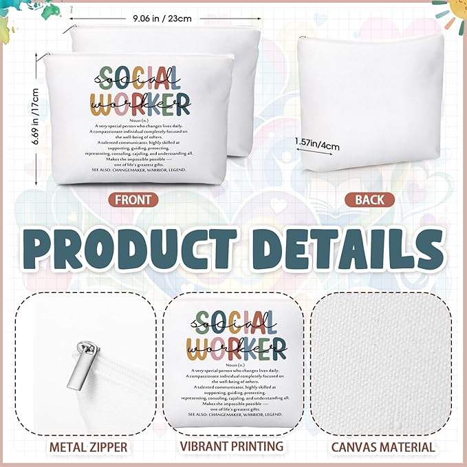 Social Worker Gifts Bulk for Women Canvas Cosmetic Bags Makeup Bags and Compact Mirrors Social Worker Appreciation Gifts for MSW LCSW Home Office Decoration