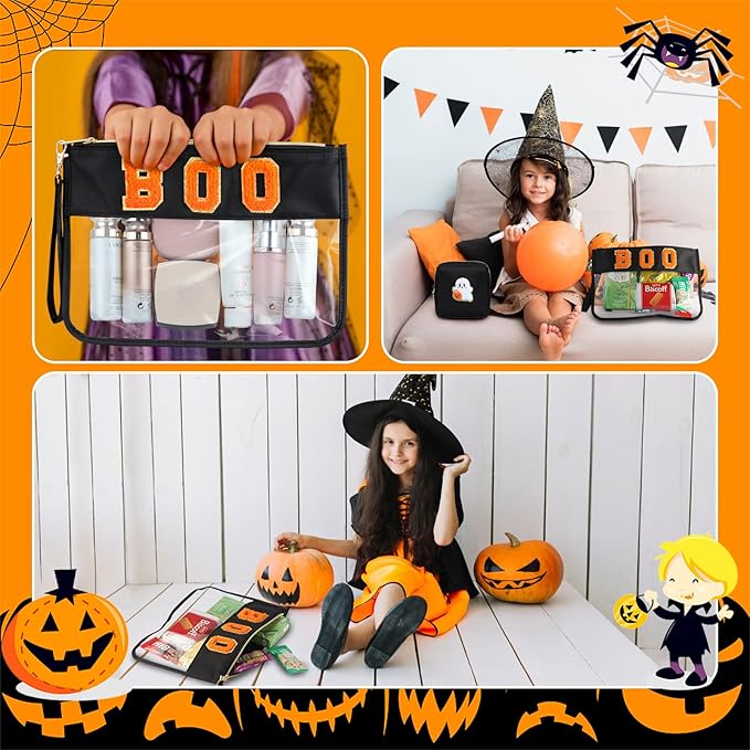 2 Pcs Halloween Gifts Cosmetic Makeup Bags with Boo Chenille Letter Patch, Clear Pouch PVC Organizer Purse, Waterproof Travel Bag, Portable Toiletry Storage Bag for Girls Friends Women