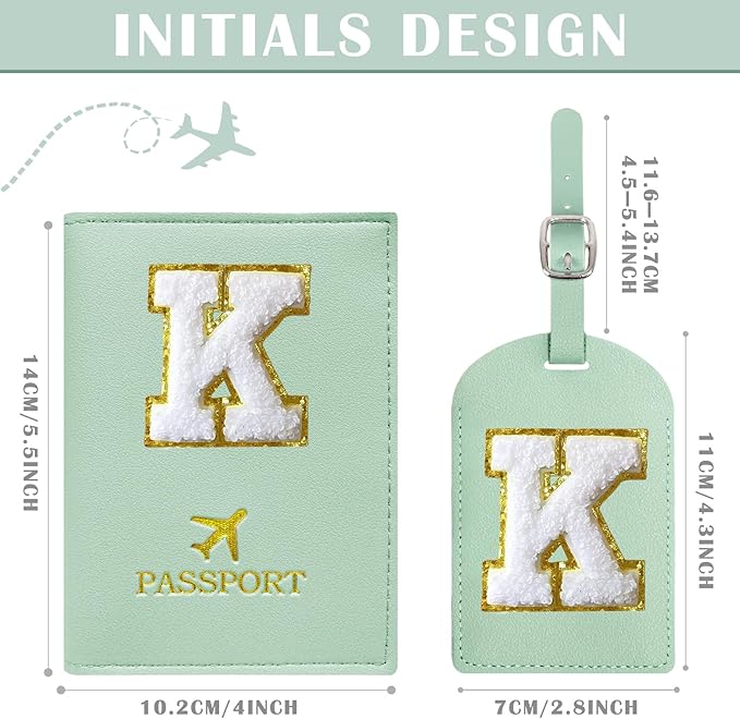 COSHAYSOO Green Initial Passport Cover Holder and Luggage Tag Set TSA Approved with Chenille Letter Patch for Women Teenage Girls, Traveling Necessities Supply Unique Bag Suitcase Identifier (K)