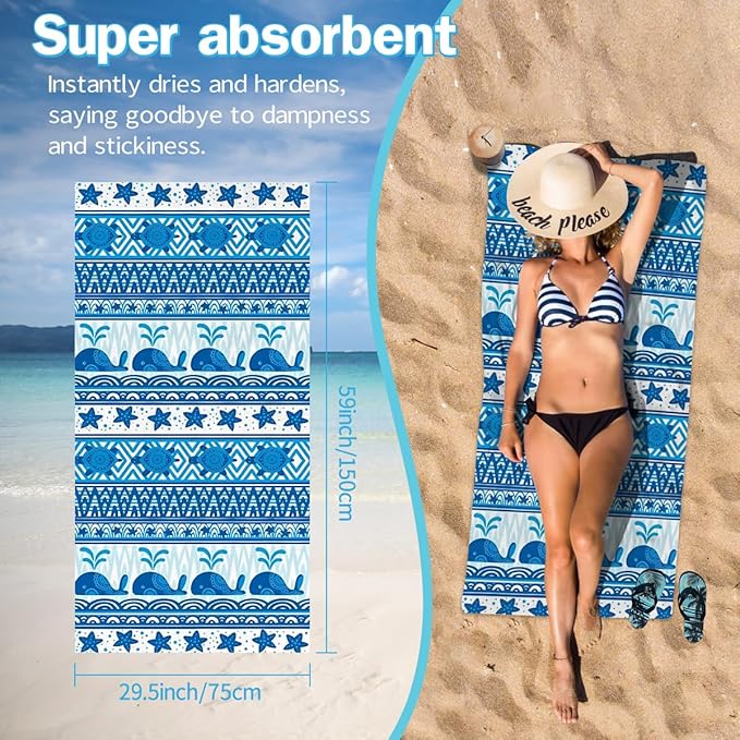 Whale Pattern Beach Towel - 30x60 Inch Fast Dry Microfiber Towel, Lightweight & Versatile for Beach, Pool, Yoga, Travel, Ideal as Beach Blanket & Vacation Essential