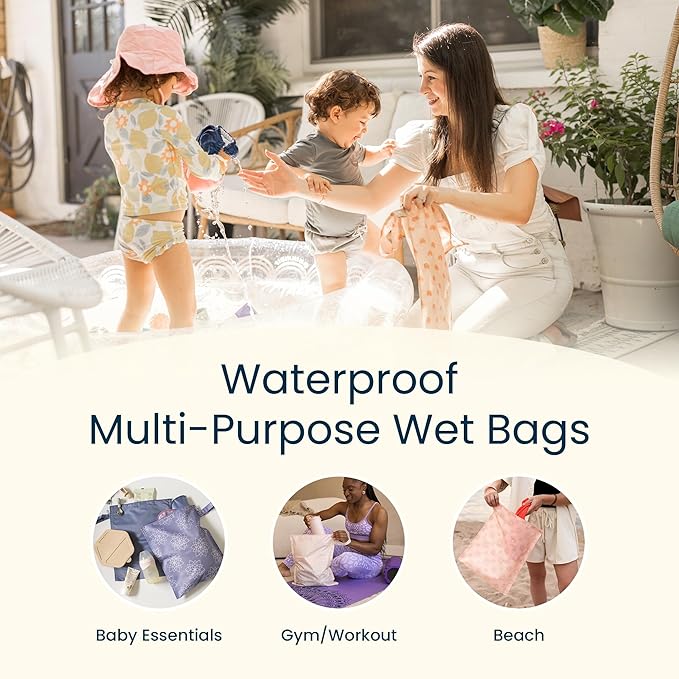 Tiny Twinkle Mess Proof Wet Bags | 2-Pack Reusable Waterproof Wet Bags for Swimsuits | Baby Clothes | Travel & Diaper Bag (Luna)