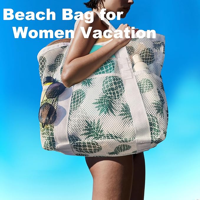 Mesh Beach Bag,Large Beach Bags for Women with 8 Pockets,Packable Tote Bag for Beach Cruise Pool Vacation Essentials