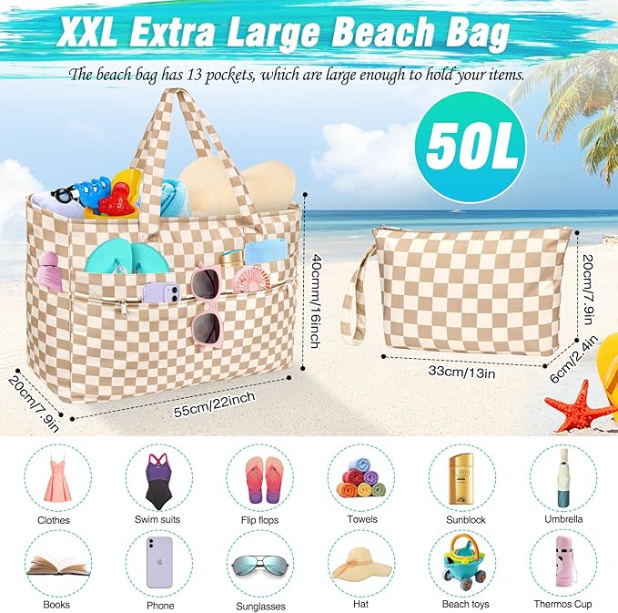 HUANLANG Extra Large Beach Bag Waterproof Beach Totes Bags for Women Men,Pool Bag with Zipper Wet Pocket
