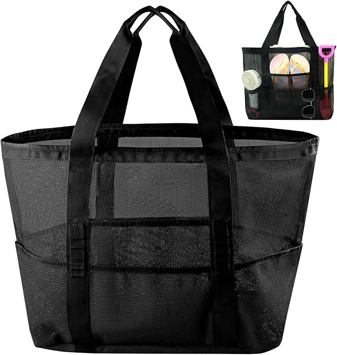 Large Mesh Beach Tote Bag, 9-Pocket Foldable Summer Vacation Beach Bag for Travel, Pool, Gym, Cruise