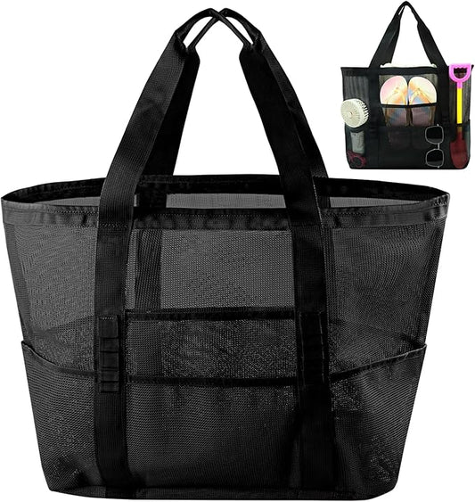 Large Mesh Beach Tote Bag, 9-Pocket Foldable Summer Vacation Beach Bag for Travel, Pool, Gym, Cruise