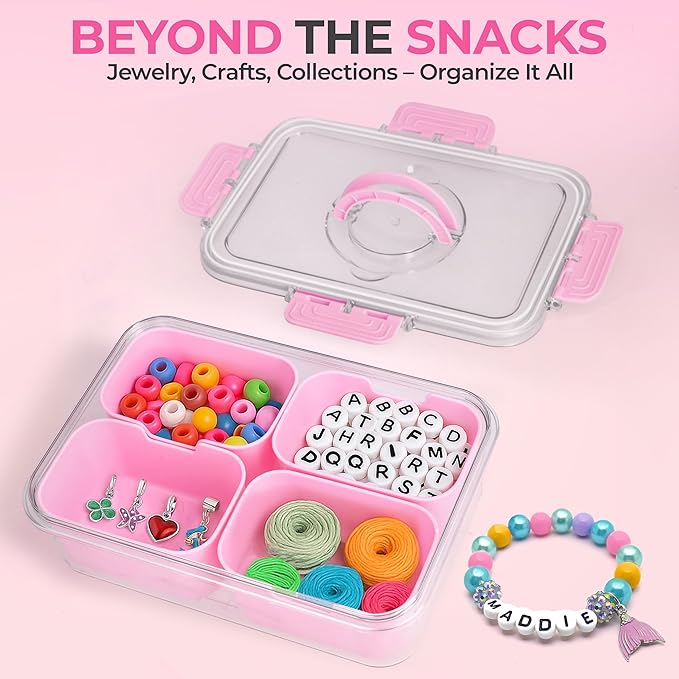 Snackle Box Container with Lid- Travel Charcuterie Box with Handle - Organizer for Candy, Fruit, Nuts, Veggies, Snacks, Beach Essentials, Portable Lunch Box (Pink, Small)