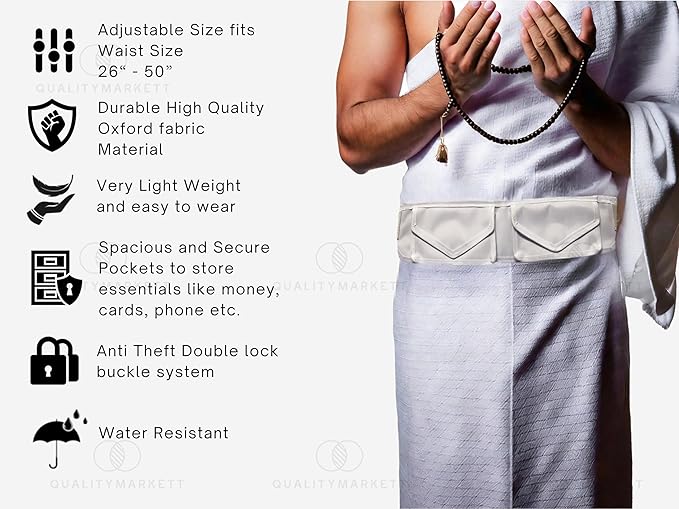 Premium Ahram Ihram Belt for Hajj & Umrah, Comfortable Pilgrim Waist Belt with Secure Zippered Pockets for Documents and Phones, Adjustable Waist Size (26’’-50’’) Inches, Anti Theft Double Lock Buckle