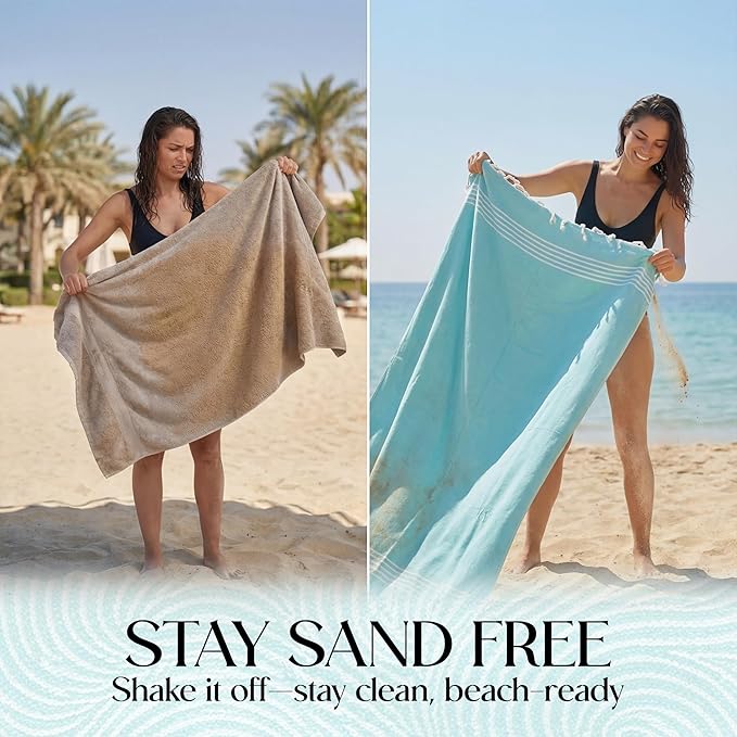 DECOLURE Turkish Beach Towel Oversized 39x73 Inch - 100% Turkish Cotton, Quick Dry and Sand Free Beach Towels for Travel - Lightweight, Absorbent & Soft Peshtemal Towel - (Cyan Wave)