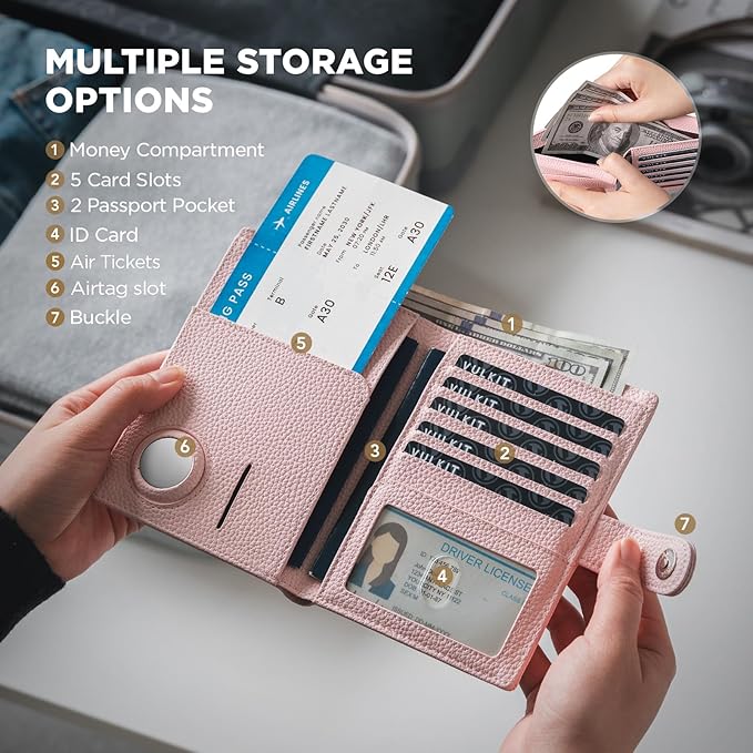 VULKIT Dual Leather Passport Wallet with Airtag Holder Slim Double Passport Holder RFID Blocking Passport Travel Wallet for Women or Men