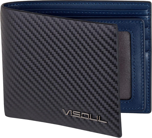 VISOUL Leather Mens Bifold RFID Blocking Wallet with 2 ID Windows, Leather Wallet for Men (Carbon Fiber, Black+Blue)