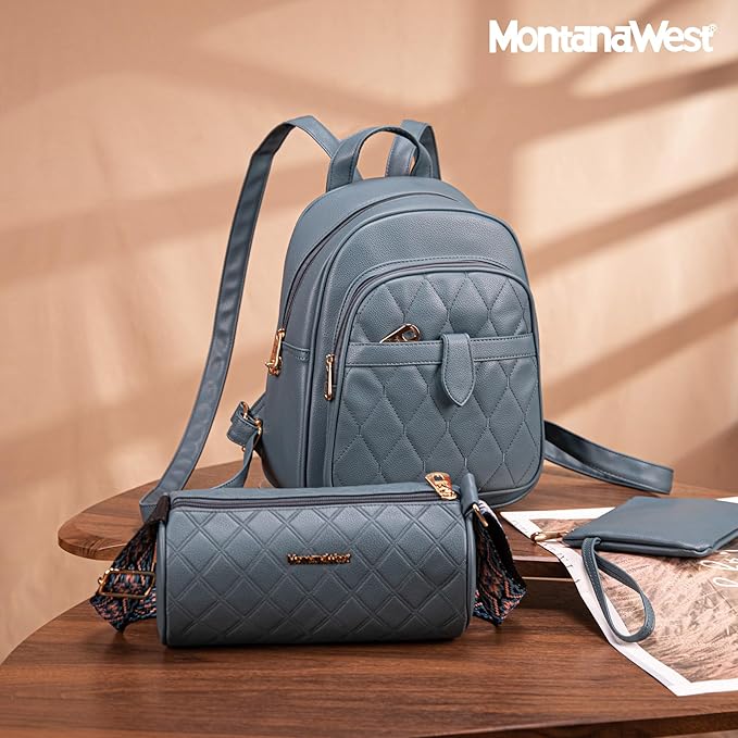 Montana West 3Pcs Anti Theft Backpack Purse for Women Small Quilted Backpack Set
